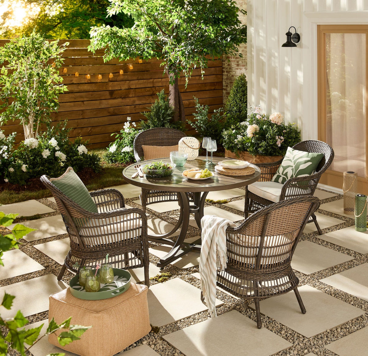 Lorette Outdoor Patio Round Dining Set with Wicker Chairs and Built-in Umbrella Pedestal, Brown, 5-pc