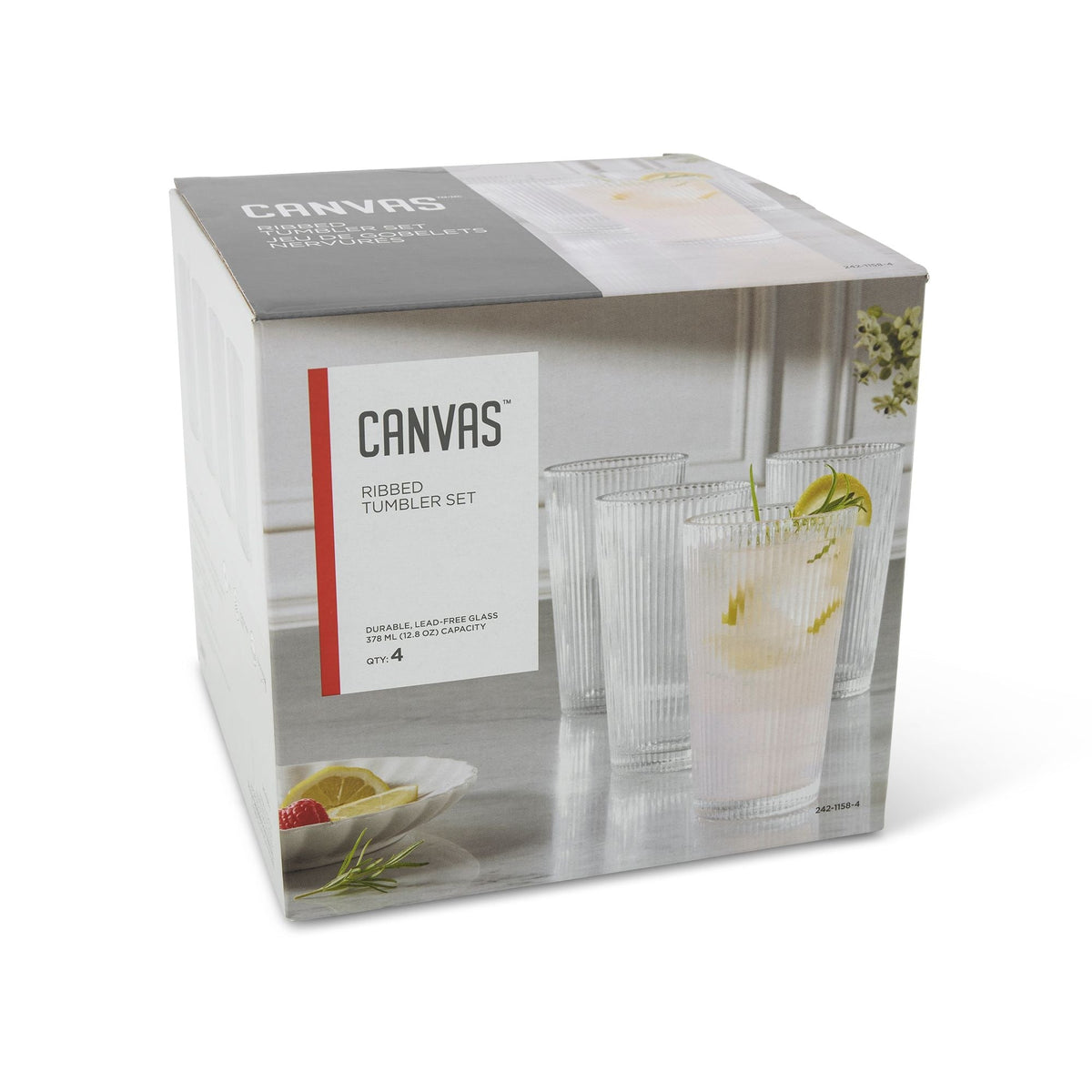 Ribbed High Ball Glass Set, Lead-free, 4-pc