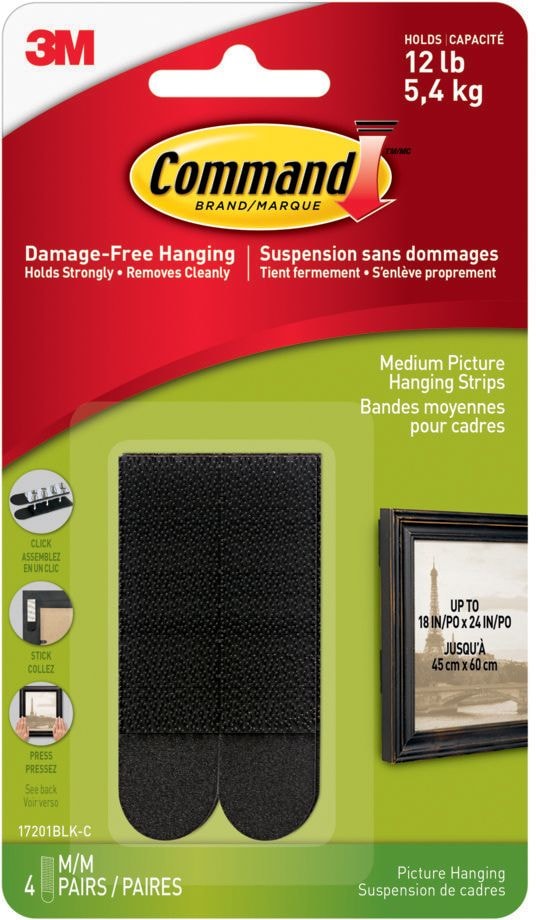 Medium Adhesive Picture Hanging Strips, Black, 12-lbs, 4 Strips Per Pack