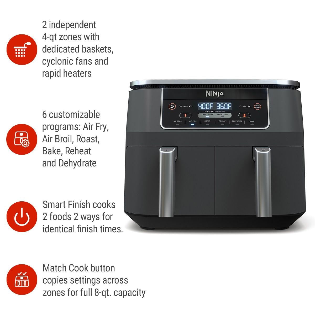 2-Basket Air Fryer with 6 Cooking Functions, 8 Qt