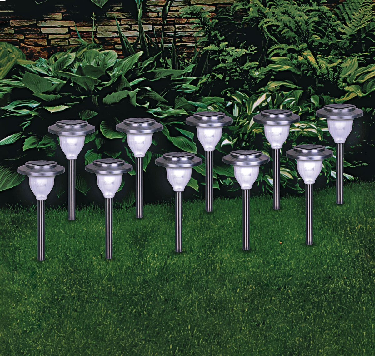 Outdoor Pure White LED Solar Stainless Steel Garden & Pathway Stake Lights, 10-Pk