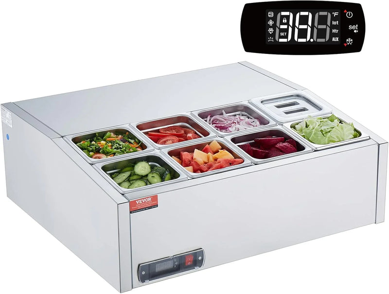Refrigerated Condiment Prep Station, 135 W Countertop Refrigerated Condiment Station, with 2 1/3 Pans & 4 1/6 Pans, 304 Stainless Body and PC Lid, Sandwich Prep Table with Stainless Guard, ETL U0870