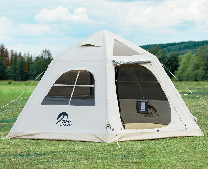 Portable inflatable camping tent, equipped with a manual pump, suitable for 3/4/6 people, easy to set up, suitable for outdoor activities. This inflatable outdoor waterproof Oxford canvas tent is suitable for family camping and is suitable M1169
