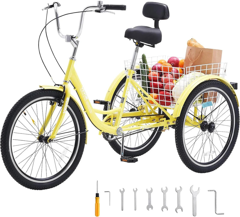 Adult tricycles, 20-inch tricycles, tricycle motorcycles, carbon steel leisure bicycles with baskets and adjustable seats, suitable for elderly, female and male picnic and shopping tricycles (yellow) L4881