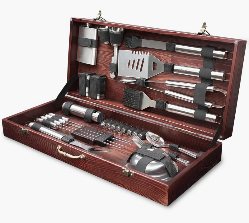 Outdoor Grill Accessories for Barbeque - Outdoor Grill Accessories for Barbeque - Premium Grill Tool Sets - Dark Wood Case Grilling Set - Griddle Accessories Kit - BBQ Gear M4413