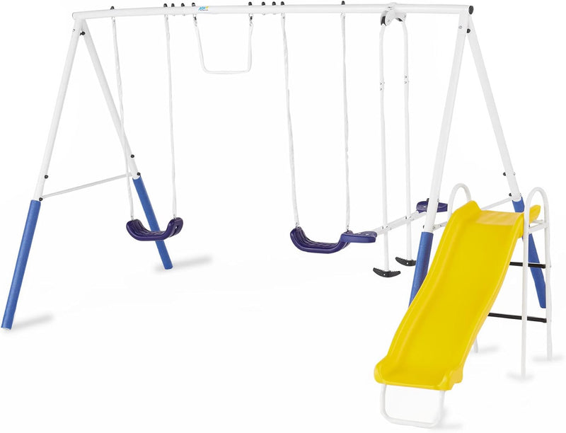 Recreation Blue Ridge Backyard Playground Set Sturdy Metal A Frame Swing with Chain Covers, Glider, Trapeze, 2 Swings, and Slide, Multicolor T9303