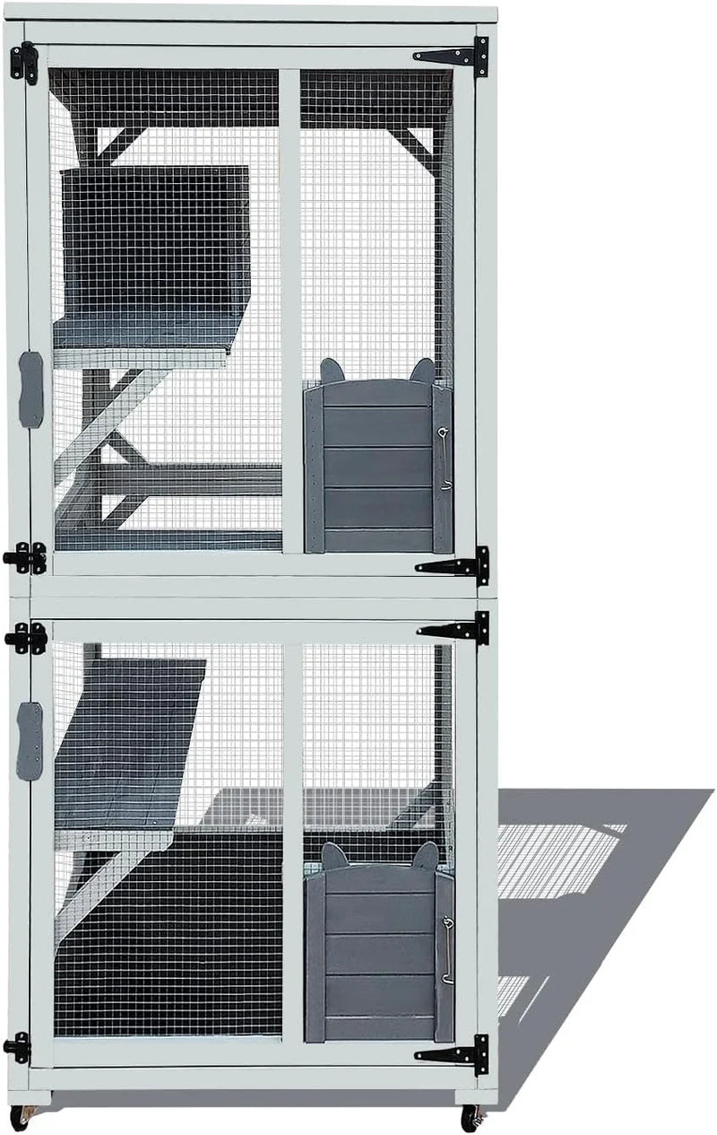 62.6-inch wooden outdoor cat house, large cat cage room, equipped with 7 platforms, 2 rest boxes and a rainproof roof, suitable for multiple pets to use. Step-in cat apartment shelter, white model G6591