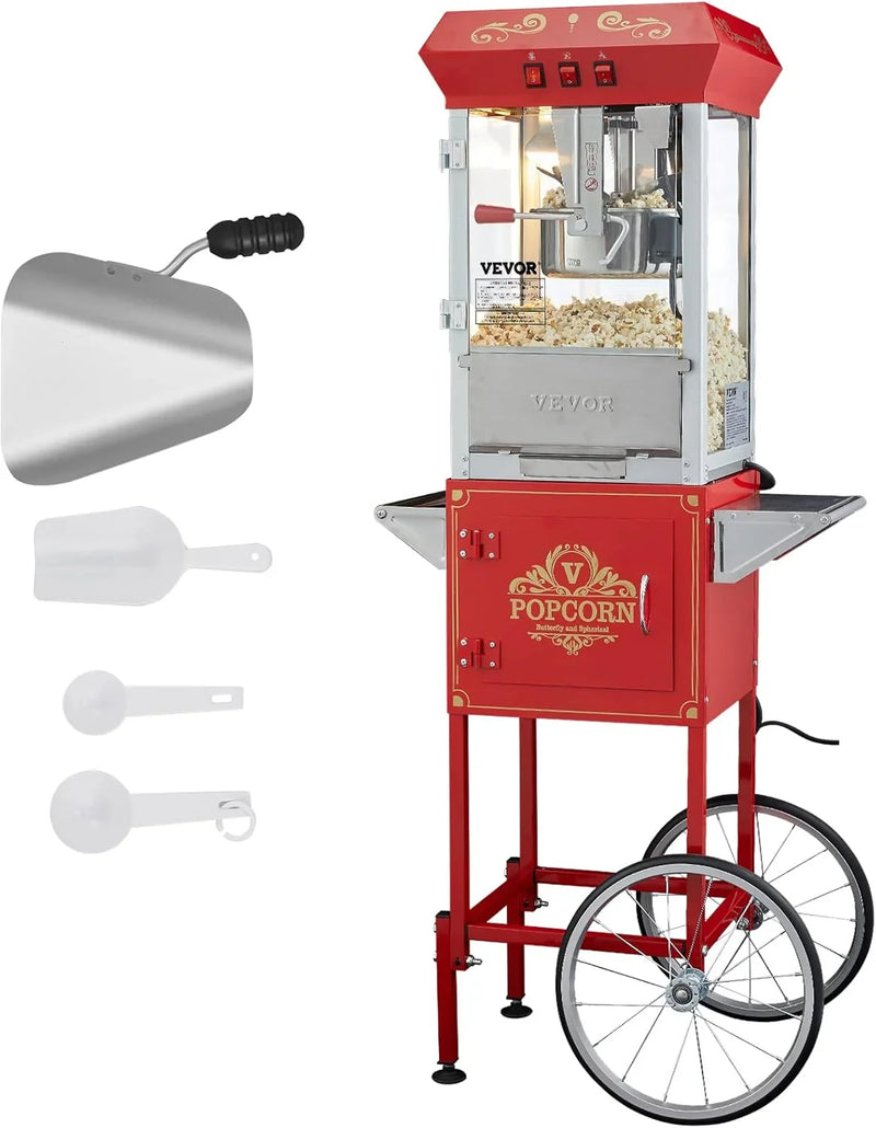 Popcorn machine, 12-ounce pot capacity, 1440-watt countertop popcorn machine, can produce 80 cups per batch, cinema-style popcorn machine, equipped with 3 switches for control, steel frame, tempered glass door, 1 pot, 2 spoons, red version T6386