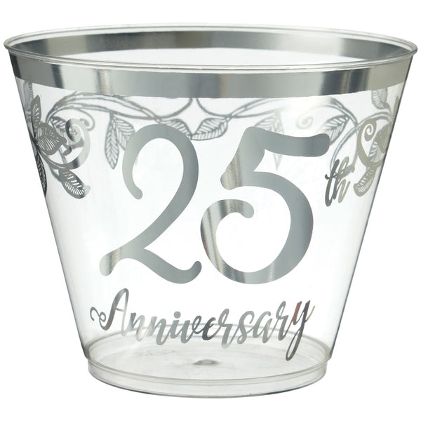"25th Anniversary" Bordered Trimmed Plastic Reusable Tumbler Cups, Clear/Silver, 9-oz, 30-pk, for Anniversary Party H8675