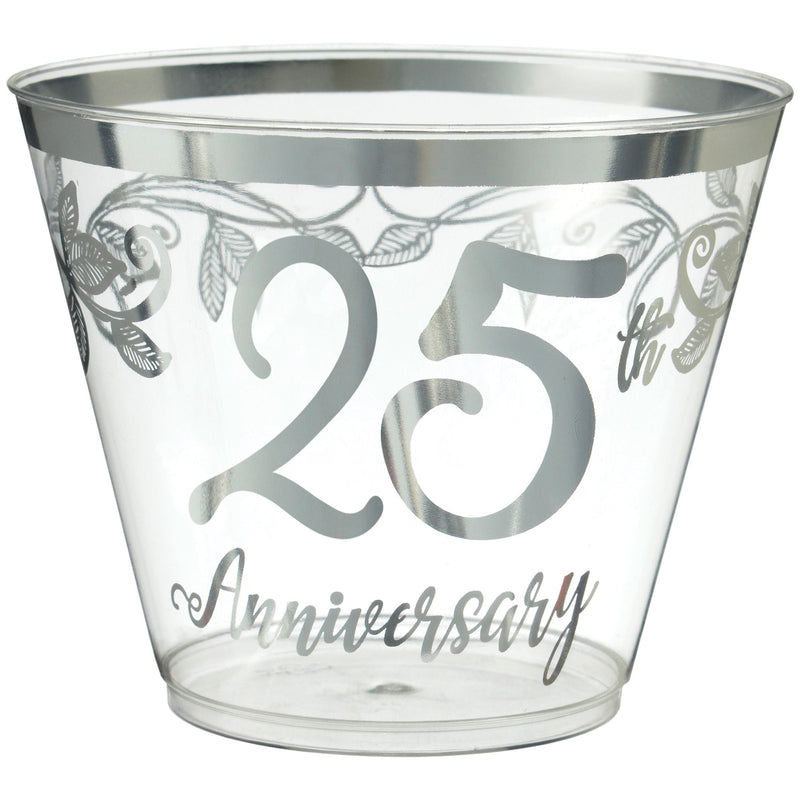 "25th Anniversary" Bordered Trimmed Plastic Reusable Tumbler Cups, Clear/Silver, 9-oz, 30-pk, for Anniversary Party H8675