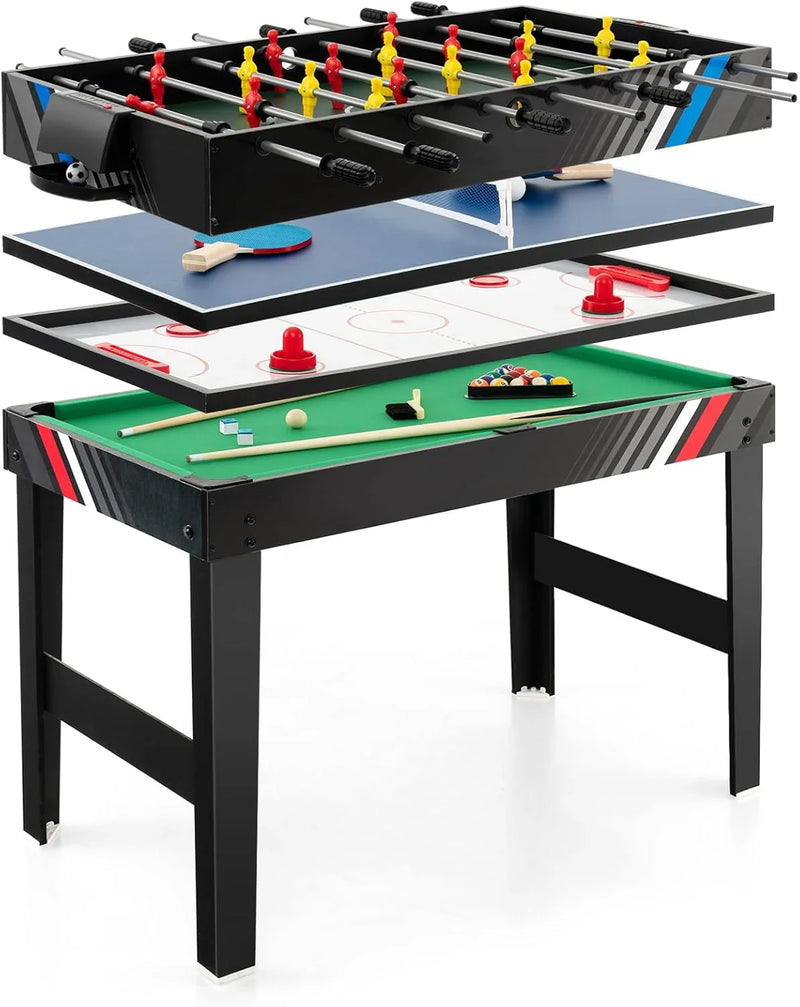 The multi-functional game table integrates a football table, a billiards table, an air curling table and a table tennis table. It is an ideal combination game table for a family game room. K4300