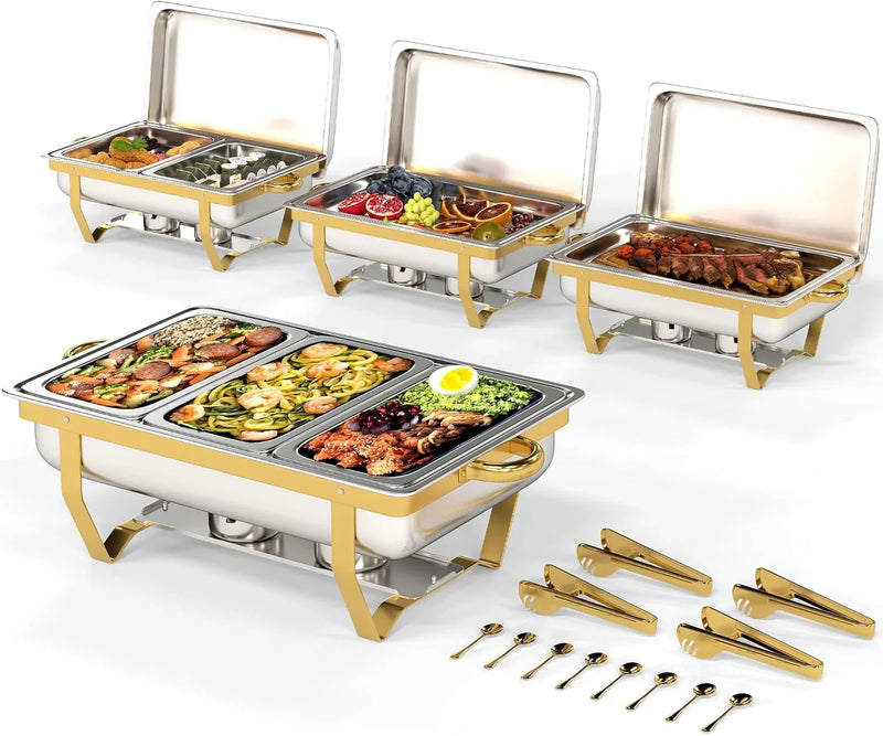 4 Pack Stainless Steel Chafing Dishes for Buffet, 9 QT Capacity 7 Pans Food Warmers for Parties, Weddings, Events Hosting, Family Gatherings, Full Set Catering Server with Serving Utensils Accessories V8071