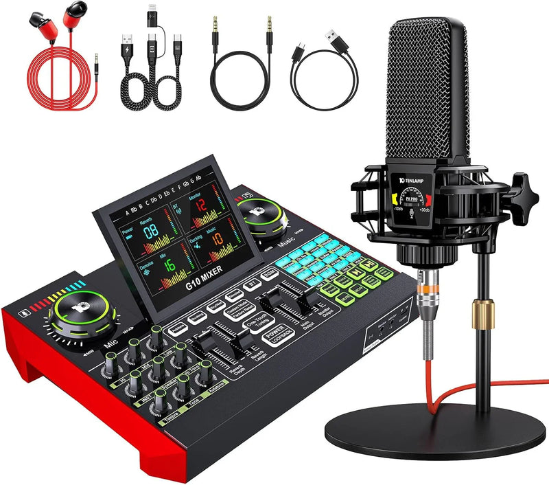 Podcast Equipment Bundle,with 3.5mm Condenser Microphone & Live Sound Card - Audio Mixer for Streaming, PC/Mobile Live Singing, Gaming Content Creators, Soundboard with USB Computer Interface F3967