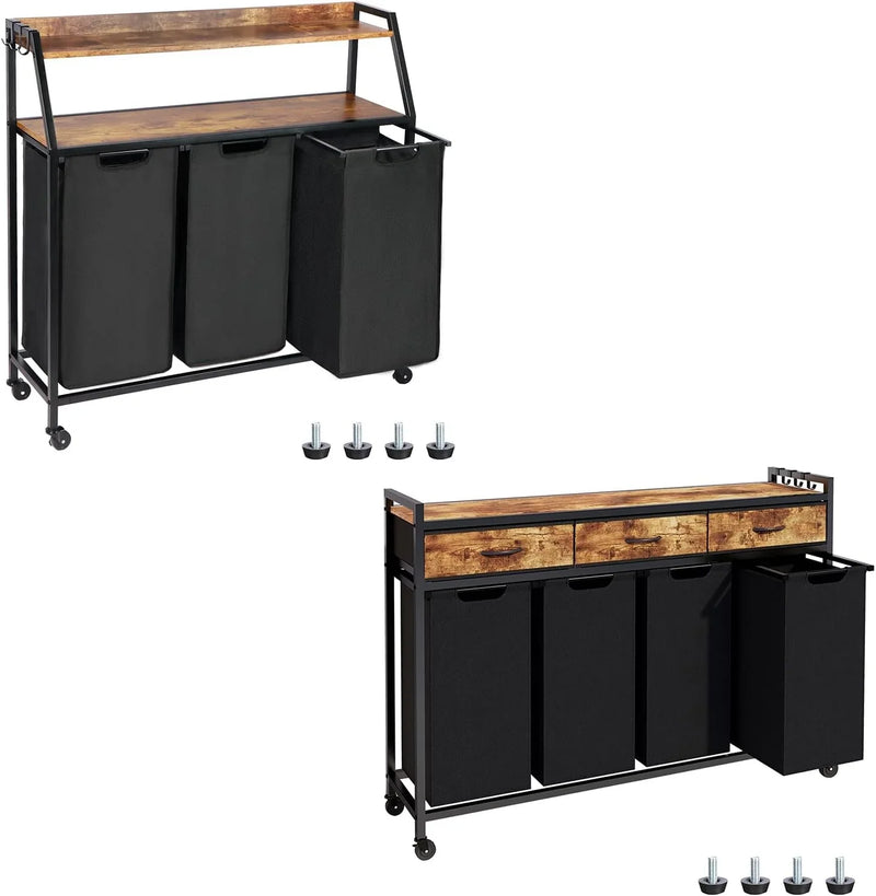 Two Laundry Hamper, Rolling Laundry Sorter with Wheels, 4 × 14.5 Gal (55 L), Pull-Out and Removable Laundry Bags, for Laundry Room, Rustic Brown U3766