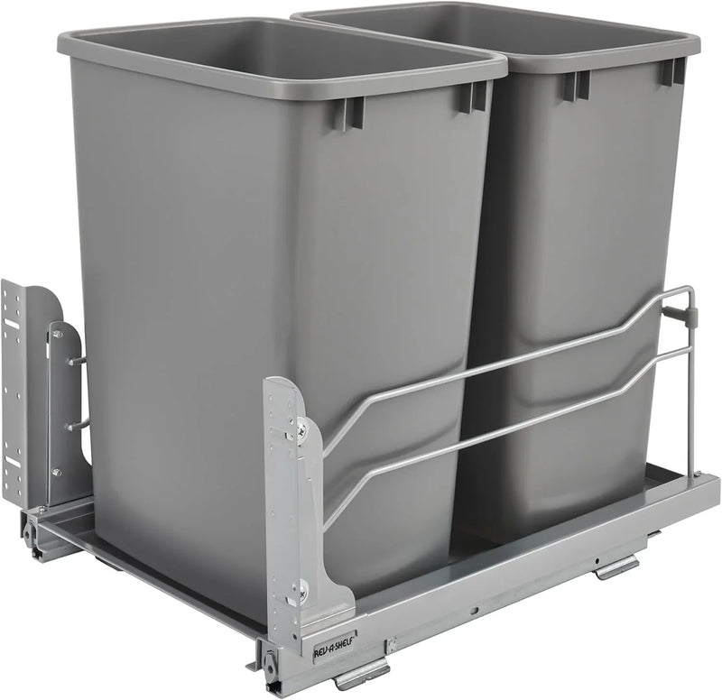 A double pull-out trash can suitable for the bottom of kitchen cabinets, with a capacity of 35 ounces (approximately 0.875 gallons), equipped with a gentle closing sliding mechanism, and in the color of Orison Gray. G6162