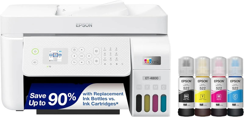 Epson EcoTank ET-4800 Wireless All-in-One Inkjet Printer, Scanner, Copier, Fax, ADF, Ethernet, White B8390