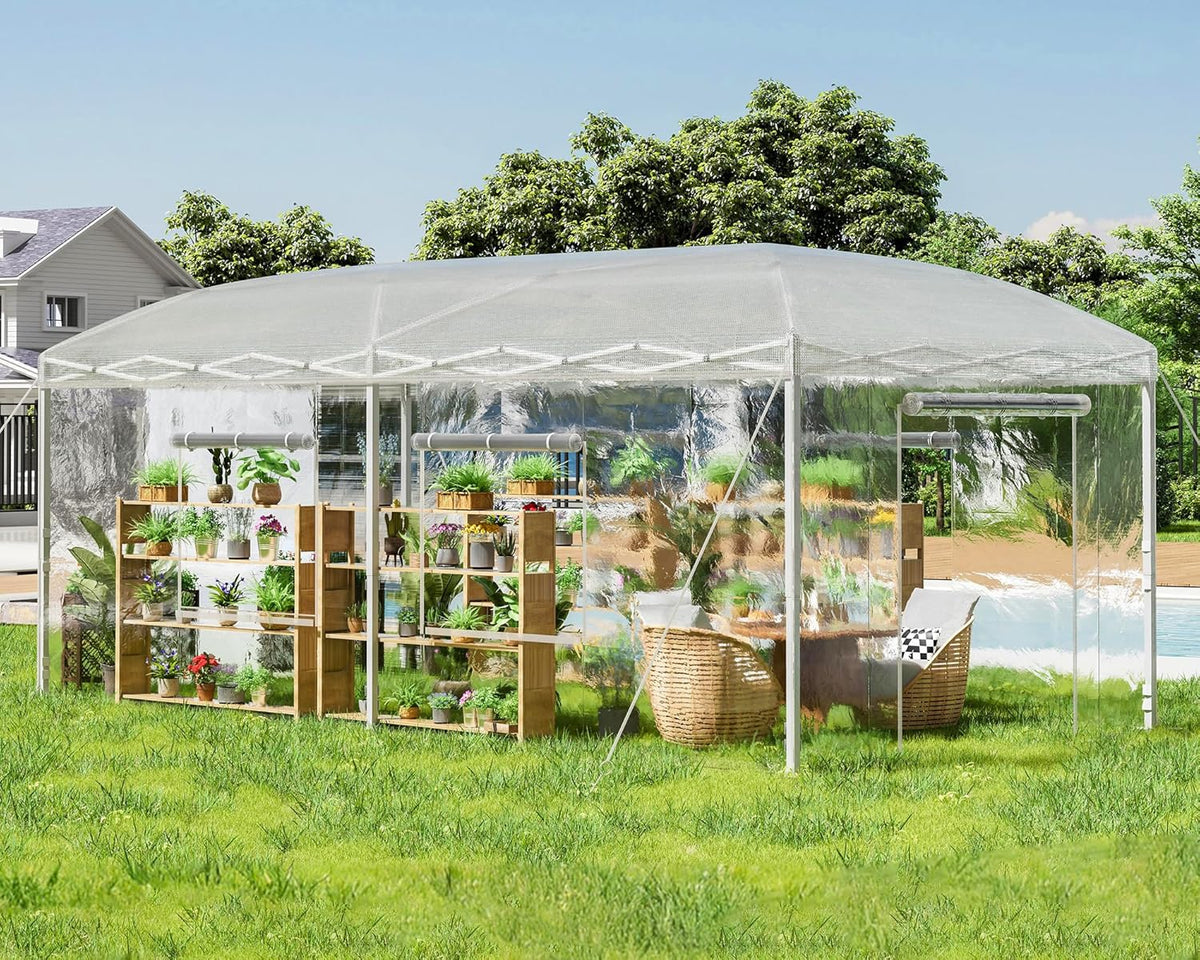 19.2×9.7×8.5 feet Outdoor upgraded retractable greenhouse with adjustable reinforced frame, portable walk-through greenhouse, equipped with 2 rollable zipped doors and mesh windows, PE shell, white