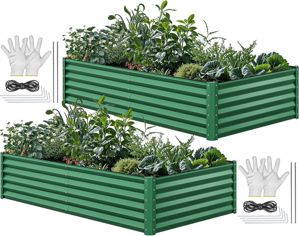 8x4x2ft 2pcs Large Raised Garden Bed Kit, Galvanized Metal Planter Box with Gloves, Ground Nails & Safety Rubber, Outdoor Above Ground Planters for Plants Vegetables Flowers, Green B5927