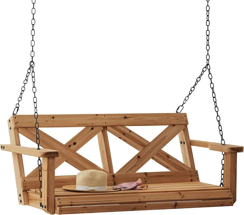 55" Cedar Wood Farmhouse Outdoor Porch Swing Bench with Two-Person Seating, Durable Hanging Chains, Water-Resistant, Heavy-Duty 600 Lbs Weight Capacity for Patio, Deck, Garden L9585