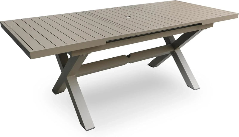 Extendable Patio Dining Table for 6-8, 63''-83'' Outdoor Aluminum Table w/Umbrella Hole, Rectangle Slatted Tabletop, Metal X-Trestle for Meals Garden Deck Backyard Gathering Party - Light Brown I2587