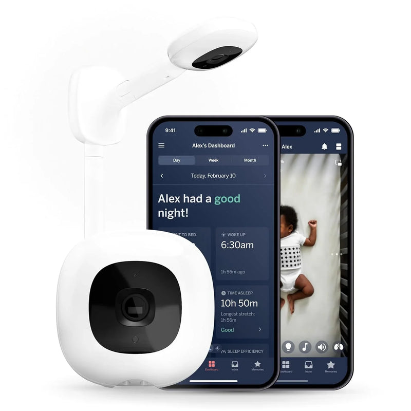Smart baby monitor and wall-mounted device - 1080p security Wi-Fi video camera, sensor-free sleep and breathing motion tracker, two-way audio, sound and motion alerts, night vision function, breathing band - white U1862