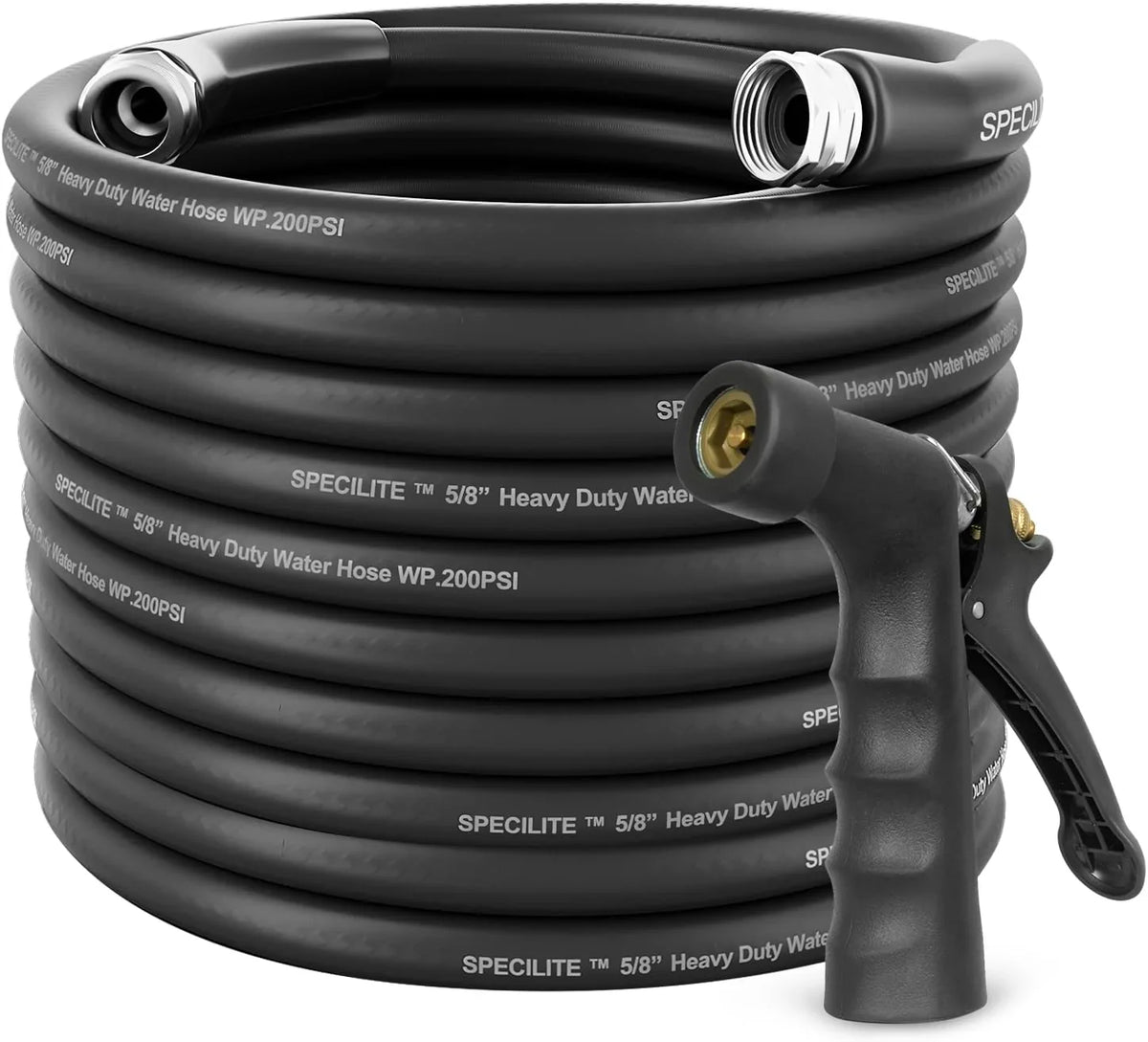 3/4" Hot/Cold Garden Hose 200 ft with Industrial High Pressure Nozzle, Flexible & Lightweight, 600psi Burst Rubber Water hose -50℉-158℉ With 3/4" Brass Fittings for Yard, Black