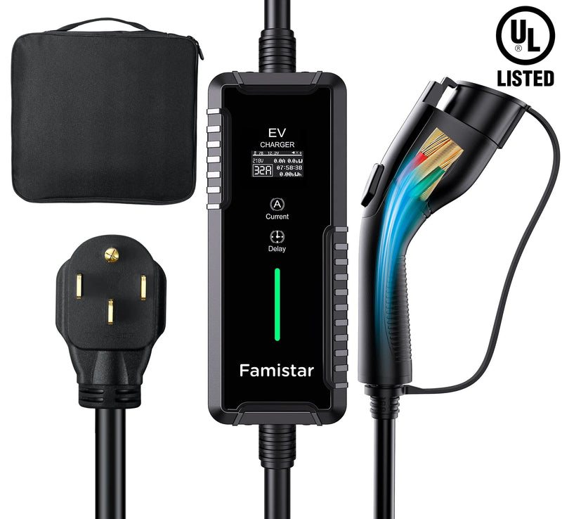 Level 2 & Level 1 EV Charger, 16Amp 110-240V Portable J1772 Electric Car Charger with Adjustable Amp Delayed Timer 25ft Long Cord P2418