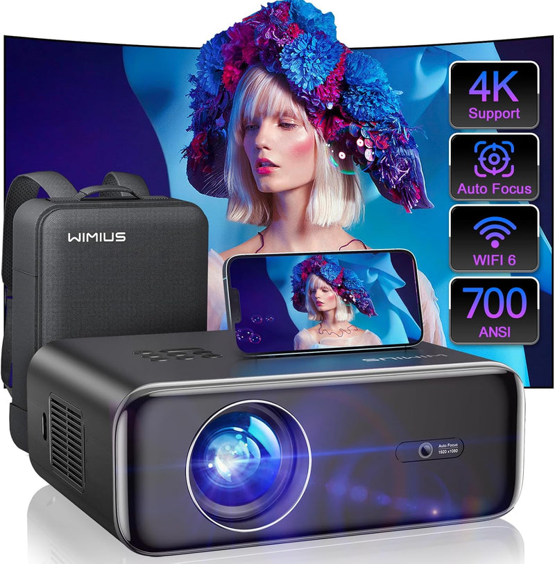 [Auto Focus/4K Support] Projector with WiFi 6 and Wireless 5.2, 700ANSI Native 1080P Outdoor Movie Projector, WiMiUS P62 Auto 6D Keystone & 50% Zoom, Smart Home Projector for iOS/Android/TV Stick K5885