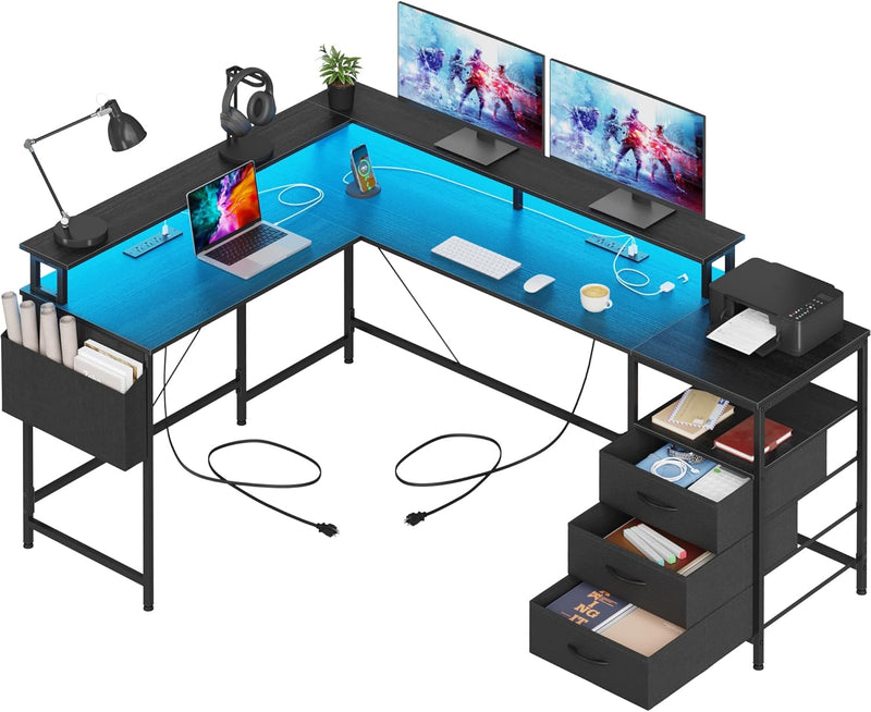 3 Drawers L Shaped Desk 63 Inch, 2 Power Strips (6 AC) and LED, Large Gaming Desk & 2 Monitor Stands, L Shape Computer Desk, Stable and Sturdy Home Office Desk, Fabric Drawers, Black U0996