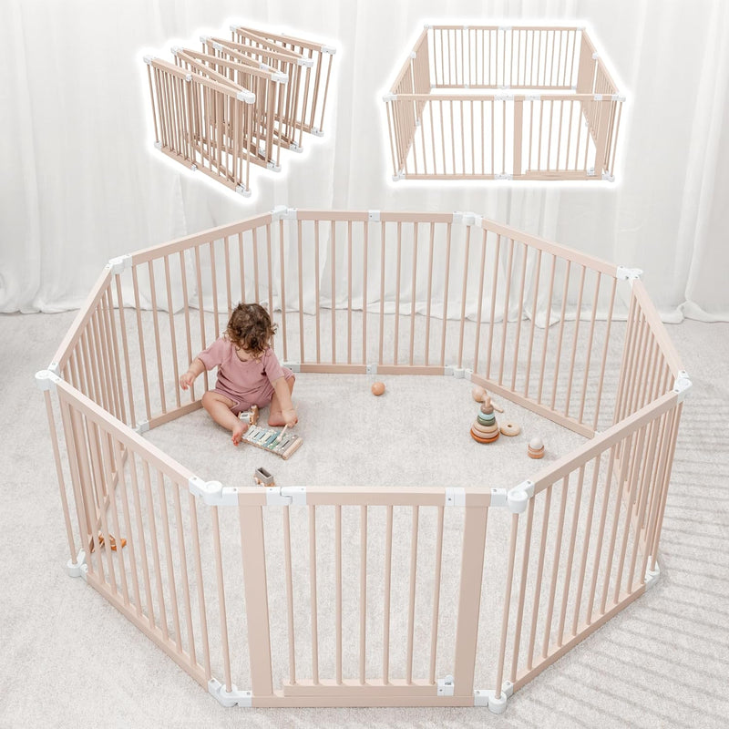 Baby Playpen & Gate - 144 x 144 x 63 cm, Extends Up to 579 cm - Pine Wood Foldable Playpen with Child-Proof Lock - Safe Play Fence Easy Assembly Baby Play Yard - Light Wood White N2997