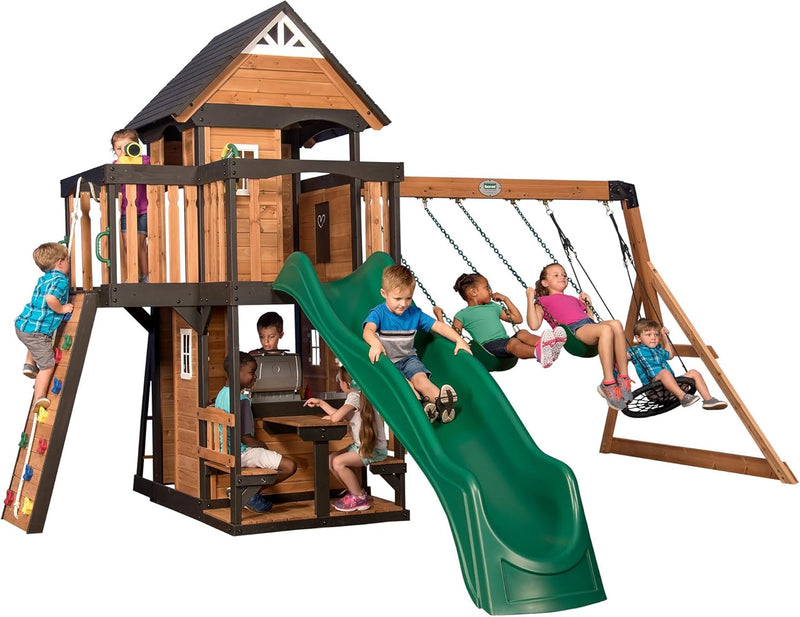 Gorge Creek Pure Pine Swing Set, Playhouse with Barbecue Grill, Plastic Utensils, Picnic Area, Steering Wheel, Double-Padded Swing, Rock Climbing Wall, Balcony, Terrace, Mesh Swing (Green Slide) B4705