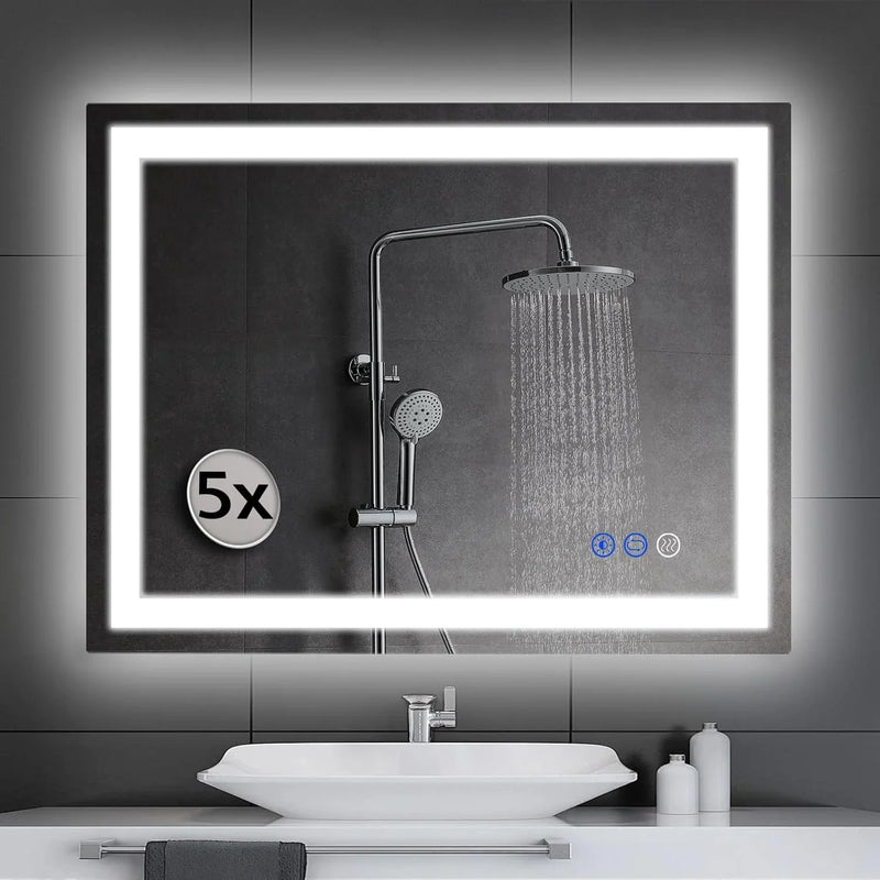 LED wall-mounted makeup mirror with lights - suitable for wall-mounted large makeup tables. Features intelligent touch buttons, anti-fog, water resistance, adjustable dimming, color adjustment, and magnifying glass function. K0388