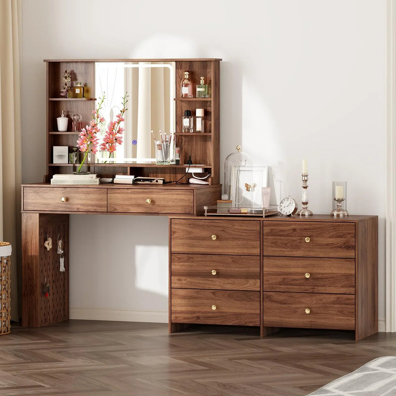 Makeup Vanity Desk with Mirror and Lights, Vanity Desk with 8 Drawers & Storage Shelves, Vanity Table with Power Outlet, 3 Color Modes & Adjustable Brightness Dressing Table, Bedroom,White2 F7163