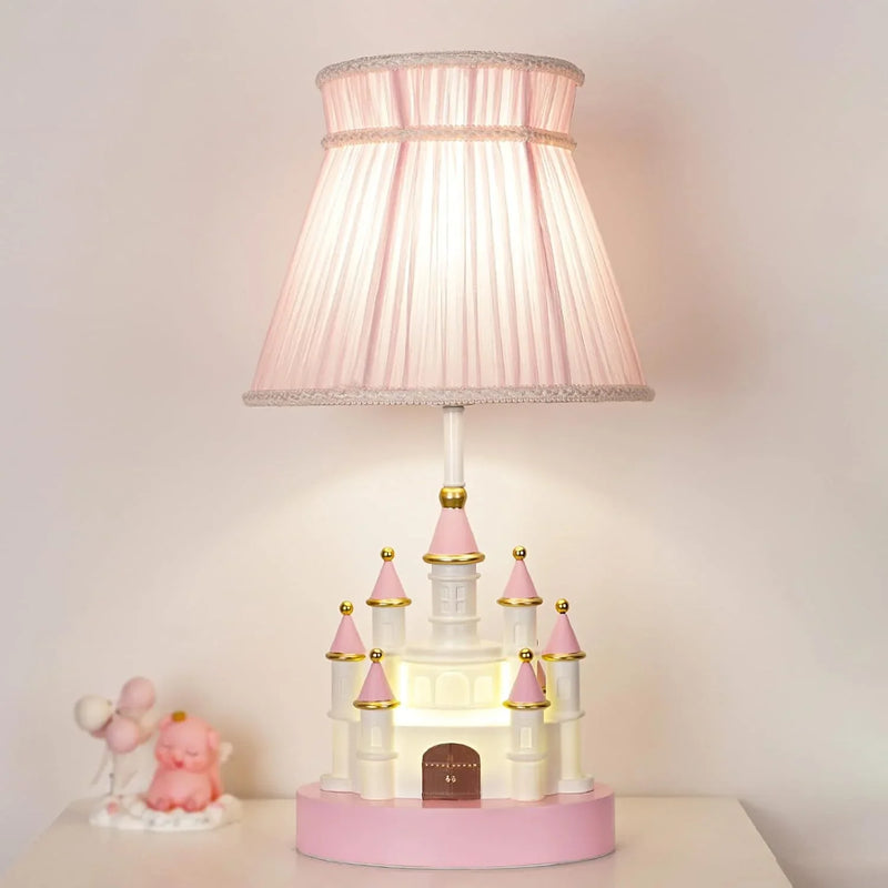 Cartoon children's table. Light pink bedside table. Princess-style cute castle-shaped resin material lamp for girls' bedroom and living room, with fabric shade cover. T8298