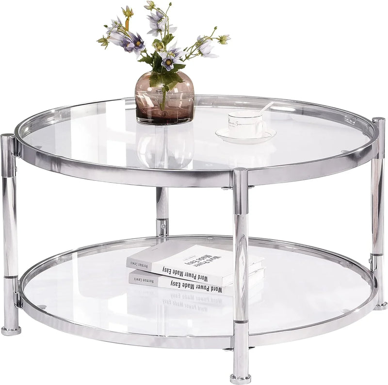 A round coffee table with a metal frame, the surface is made of chrome-plated acrylic glass. F2906