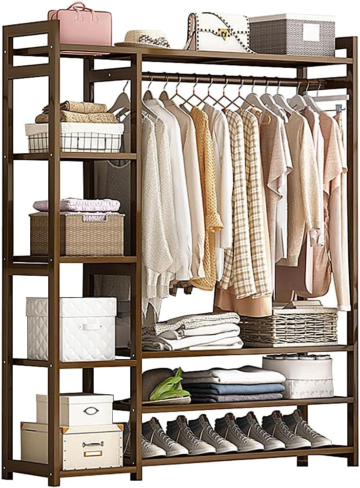 Floor-Standing Solid Wood Rotating Coat Rack，Portable Bamboo Clothes Rack - Versatile Closet Organizer with Storage Shelves and Compartments for Bedroom, Entryway, or Living Room - Stylish a F7604