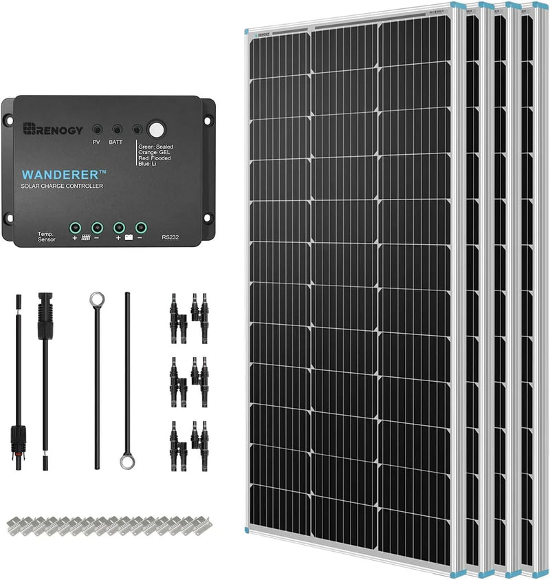 400 Watt 12 Volt Premium 4 Pcs 100W Panel 40A MPPT Charge Controller Wireless Module Fuse Mounting Z Brackets Adaptor Kit Tray Cables Set, 400W, Grid 12V Solar Power System P8114