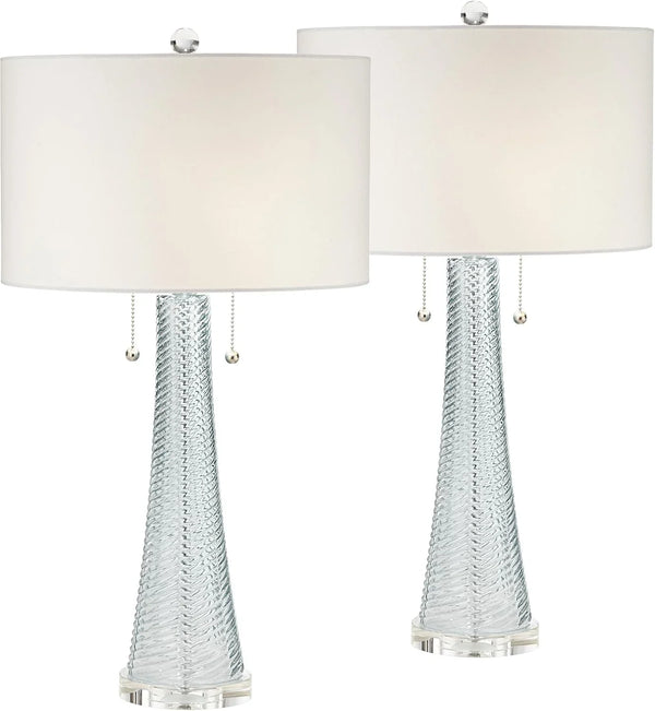 Modern desk lamp, 28.5 inches high, 2 sets. Features a sky-blue textured glass lampshade and a white cylindrical lampshade with a vortex pattern. Suitable room, bedroom, bedside table, night light, office, and home use. K8306
