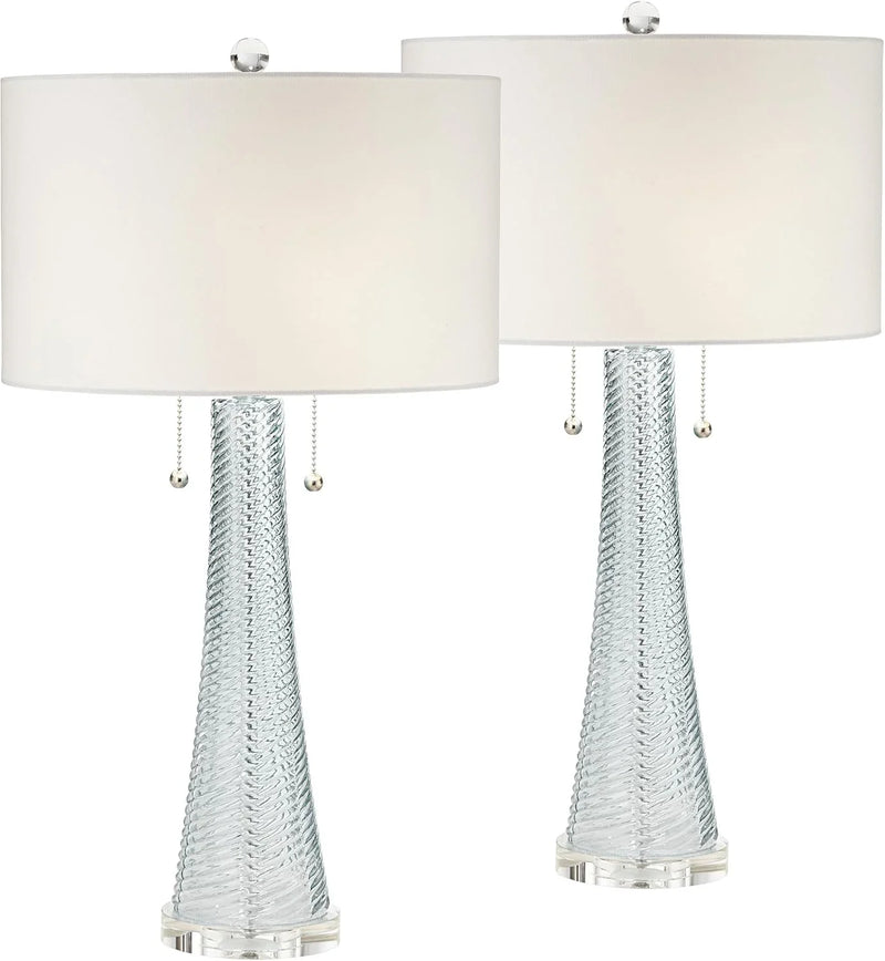 Modern desk lamp, 28.5 inches high, 2 sets. Features a sky-blue textured glass lampshade and a white cylindrical lampshade with a vortex pattern. Suitable room, bedroom, bedside table, night light, office, and home use. K8306