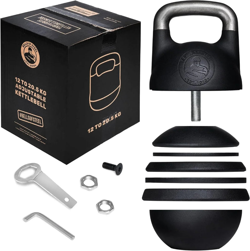 Adjustable Kettlebell Set [Bells of Steel] Kettle Bell Weight Set, Steel Shell, Internally-Loaded for Full Body Workouts, Competition Standard 35mm Handle, 12-20.5kg V5274