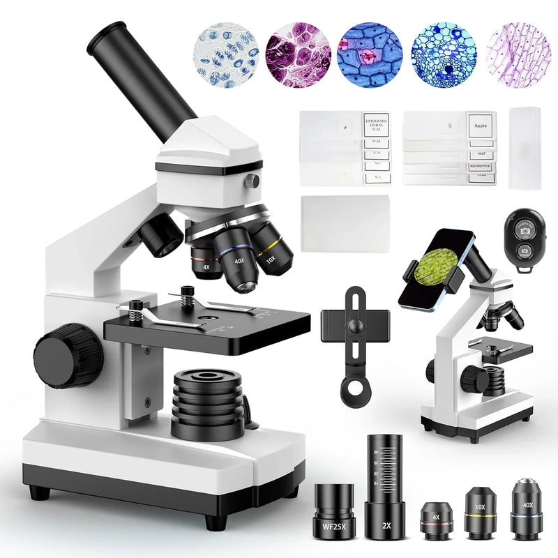 Compound Microscope for Adults & Kids - 100X-2000X High-Power Biological Microscope for Students, School Lab & Home Education, with Slides Set & Phone Adapter (White) E2687