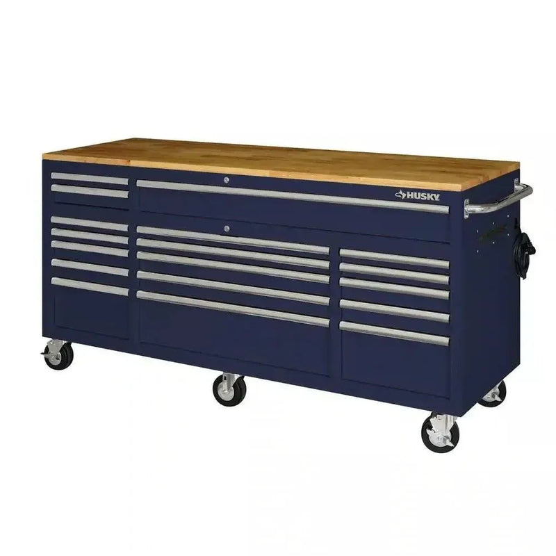 Husky 72 in. 18-Drawer Mobile Workbench with Solid Wood Top in Gloss Blue A9893