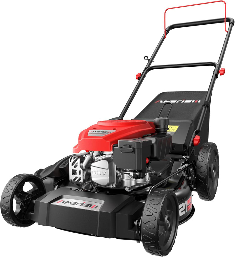 21" Steel Deck Gas Lawn Mower, 3-in-1 Push Mower, 144cc 4-Stroke OHV Engine, 6 Height Adjustment, 1.4 Bushel Grass Catcher with Bagging, Mulching & Side Discharge Efficient for Yard Garden R40