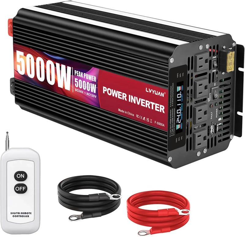 5000 Watt Power Inverter 12V to 110V 120V for Vehicle, Solar Inverter System, Heavy Duty, RV, Truck, Off Grid,Camping with 4 AC Outlets, LCD Display, Wireless Remote Control, Car Power Inverter V4000