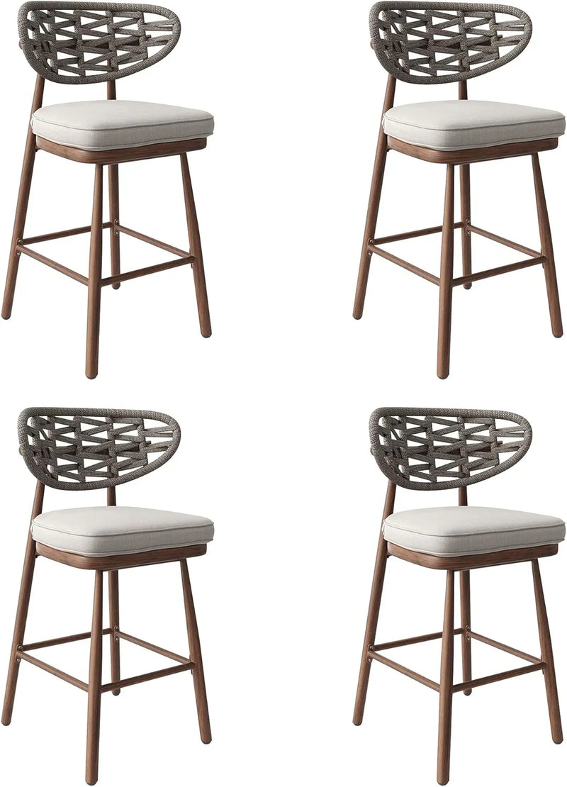 Outdoor Bar Stools Set of 2,Rattan Barstools Woven,29'' Bar Height Stools with Backrest and Teak Leg,Aluminum Bar Chairs Boho Bar Stool with Cushions,Tall Barstool for Patio,Teak U5138