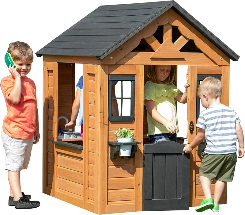 Children's playhouse cabin, equipped with a game kitchen, snack bar, half-door, toy phone, windows, flower pot stand and an operable doorbell, suitable for creative outdoor games. Z1844