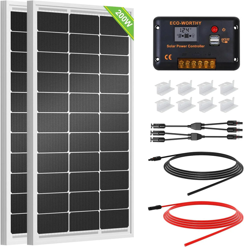 200 Watts 12 Volt/24 Volt Solar Panel Kit with High Efficiency Monocrystalline Solar Panel and 30A PWM Charge Controller for RV, Camper, Vehicle, Caravan and Other Off Grid Applications D6305