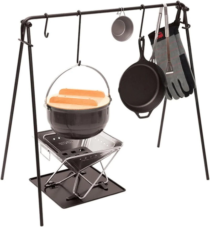 Grill Swing Campfire Cooking Stand BBQ Grill With Hooks & Accessories Bag For Outdoor Picnic Cookware & Dutch Ove (Color: Black, Size: 90x57x87cm) (Black 90x57x87cm) I955