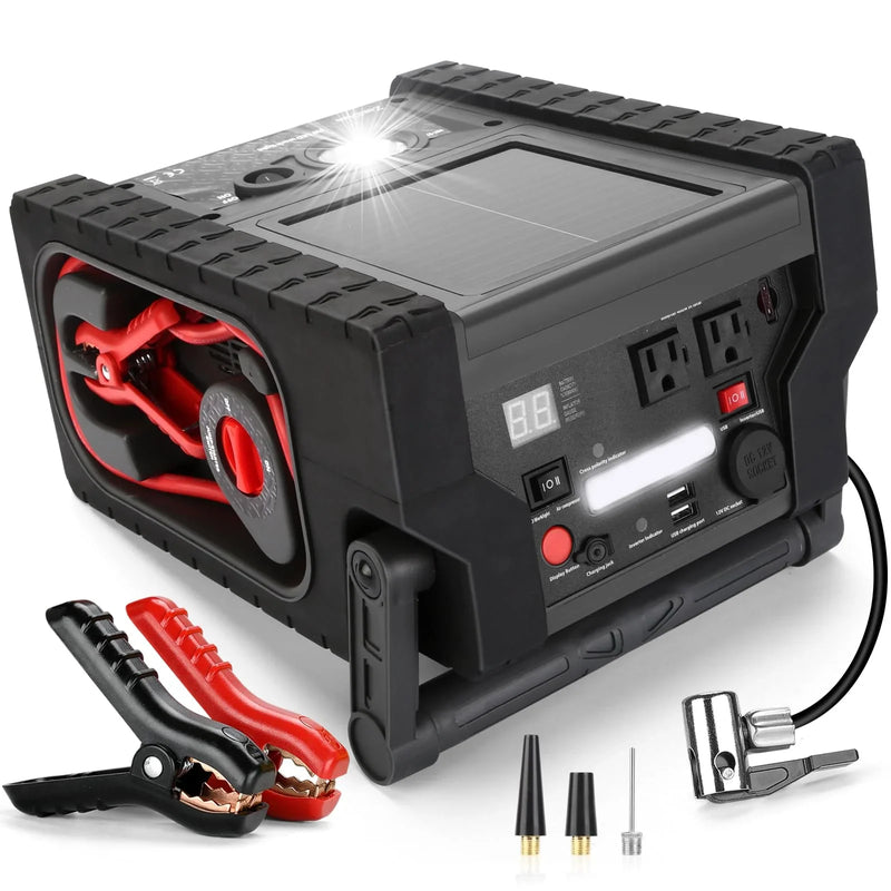 Solar Portable Power Station 2000 Amps Jump Starter, 260 PSI Air Compressor, 12V Car Battery Charger with 400W Inverter Dual AC/DC/USB Output, Emergency Backup Power with Flashlights A4868