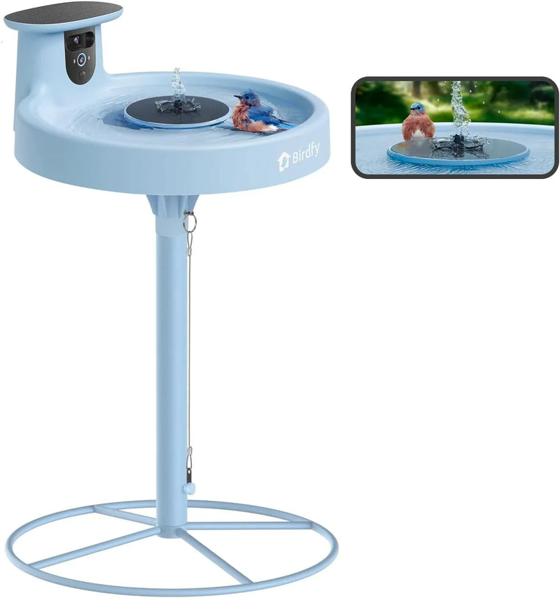 Smart Bird Bath, equipped with a camera, solar power supply, fountain and stand. It features a dual-lens camera for bird observation, automatically captures bird videos and has motion detection functionality. O9904